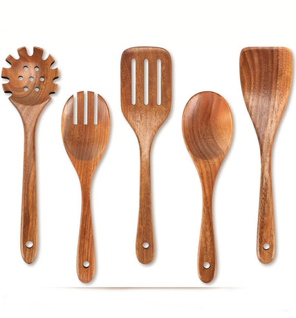 Wooden Kitchen Utensils Set 5Pcs Teak Acacia Heat-Resistant Scratch-Resistant Cooking Ladle