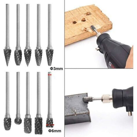Tungsten Steel Rotary Files Double Cut 10pcs with 3mm Shank Compatible with Dremel Rotary Tools
