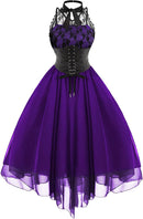 Gothic Lace Sleeveless Cocktail Dress Corset Halter Swing Purple XXL for 80s Party