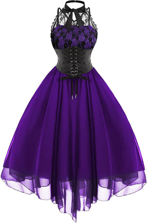Gothic Lace Sleeveless Cocktail Dress Corset Halter Swing Purple XXL for 80s Party