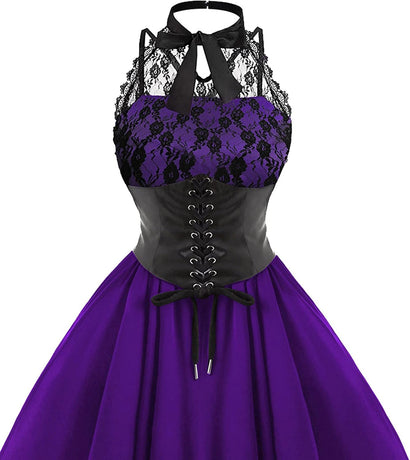 Gothic Lace Sleeveless Cocktail Dress Corset Halter Swing Purple XXL for 80s Party