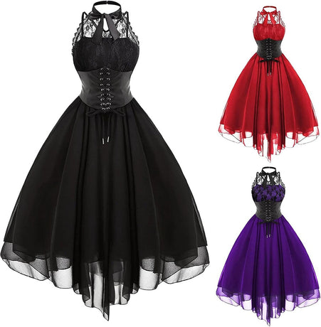 Gothic Lace Sleeveless Cocktail Dress Corset Halter Swing Purple XXL for 80s Party