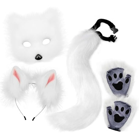 Fox Tail and Ears Set White Cat Costume with Gloves Halloween Cosplay Accessories