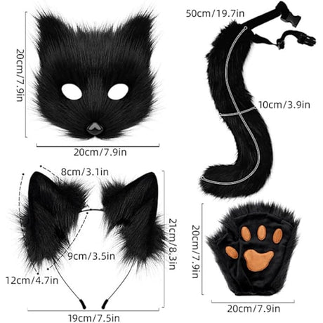 Fox Tail and Ears Set White Cat Costume with Gloves Halloween Cosplay Accessories