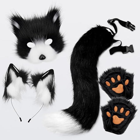 Fox Tail and Ears Set White Cat Costume with Gloves Halloween Cosplay Accessories