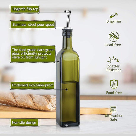 Glass Olive Oil Carafe Bottle 500ml Green Oil Vinegar Pour Spout Funnel