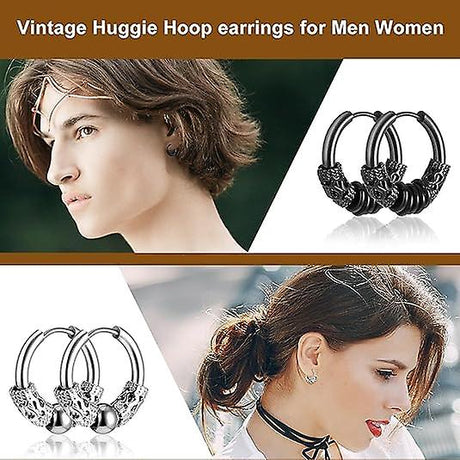 Titanium Steel Hoop Earrings 14mm Men's Black Silver Punk Rock Style