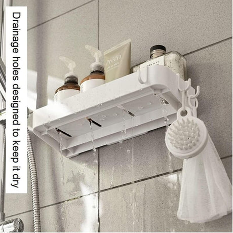 White Set of 2 Shower Shelves with 6 Removable Hooks, No Drilling Required for Bathroom and Kitchen