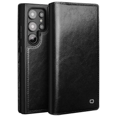 Samsung Galaxy S24 Ultra Compatible Genuine Leather Wallet Phone Case Flip Stand Cover Black