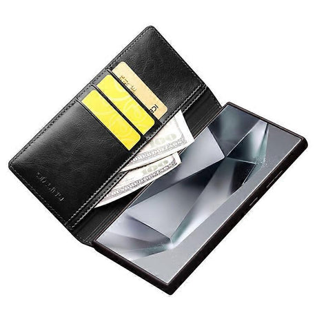 Samsung Galaxy S24 Ultra Compatible Genuine Leather Wallet Phone Case Flip Stand Cover Black