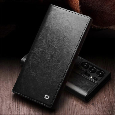 Samsung Galaxy S24 Ultra Compatible Genuine Leather Wallet Phone Case Flip Stand Cover Black