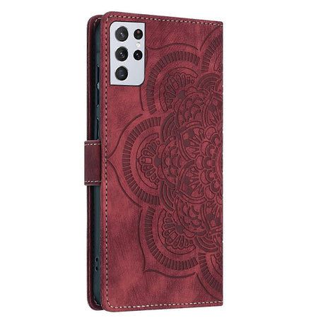 Samsung Galaxy S21 Ultra 5G Case Red Mandala Embossed Retro Frosted Leather Phone Cover
