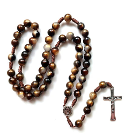 Brown Acrylic Crucifix Rosary Beads Necklace with Medal Pendant Long Chain Prayer Jewelry Gift
