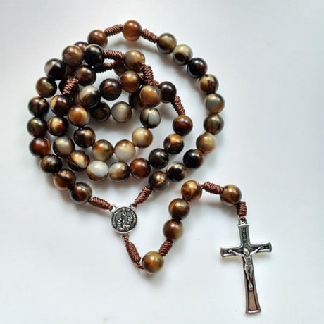 Brown Acrylic Crucifix Rosary Beads Necklace with Medal Pendant Long Chain Prayer Jewelry Gift