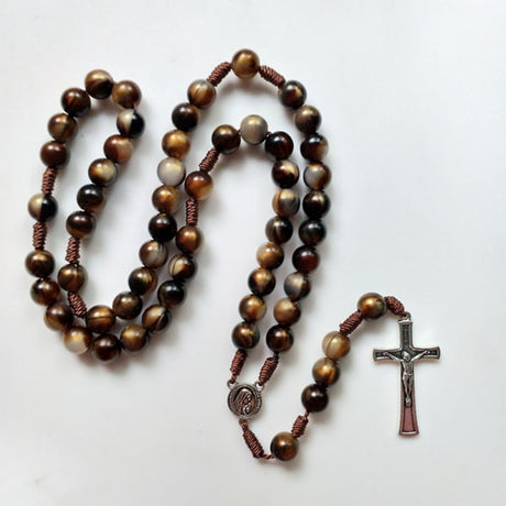 Brown Acrylic Crucifix Rosary Beads Necklace with Medal Pendant Long Chain Prayer Jewelry Gift
