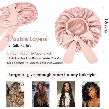 Satin Hair Sleep Cap for Women with Curly Hair Double Layer Silk Lined Pink