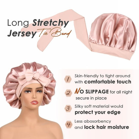 Satin Hair Sleep Cap for Women with Curly Hair Double Layer Silk Lined Pink