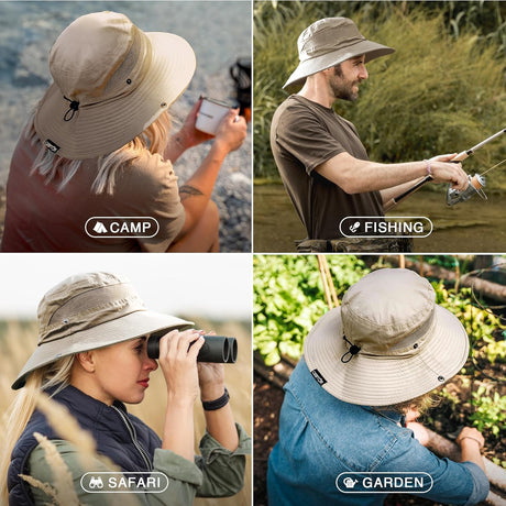 Fishing Hat UPF 50+ Wide Brim Bucket Hat for Men and Women, Khaki Sun Hat for Hiking and Beach with UV Protection
