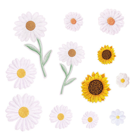 12 Pieces Sunflower Floral Embroidered Iron-on Sew-on Fabric Patches for Clothes Jeans Hats Backpacks