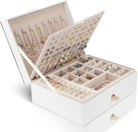 White Large 3-Layer Stackable PU Leather Jewelry Box Organizer for Necklaces Earrings Bracelets Rings