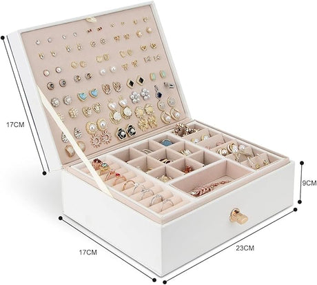 White Large 3-Layer Stackable PU Leather Jewelry Box Organizer for Necklaces Earrings Bracelets Rings