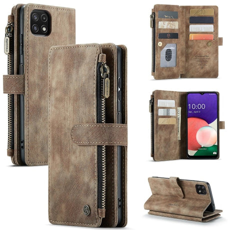Samsung Galaxy A22 5G Case Wallet with Magnetic Flip Zipper and Card Holder - Brown