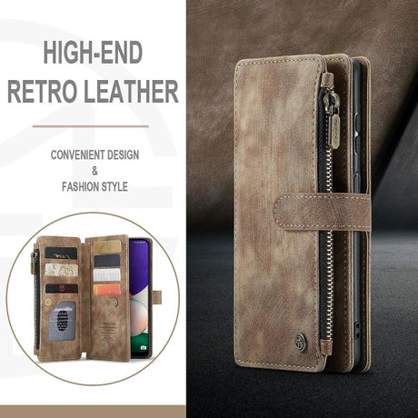Samsung Galaxy A22 5G Case Wallet with Magnetic Flip Zipper and Card Holder - Brown