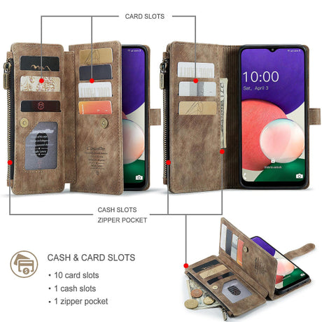 Samsung Galaxy A22 5G Case Wallet with Magnetic Flip Zipper and Card Holder - Brown