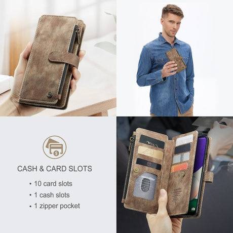 Samsung Galaxy A22 5G Case Wallet with Magnetic Flip Zipper and Card Holder - Brown
