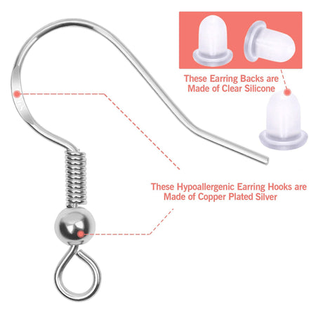 SQBB Earring Hooks, 925 Silver Hypoallergenic Jewelry Making Accessories with 100 Hooks and 150 Ear Plugs