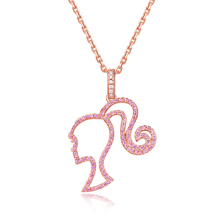 Barbie Sterling Silver Necklace for High Ponytail Girl with Hollowed Out Rose Red Charm