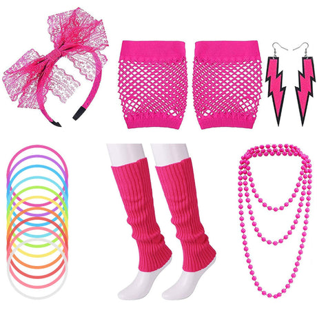 Retro Rose Red 80s Neon Dance Masquerade Accessories Set Women's Hen Party