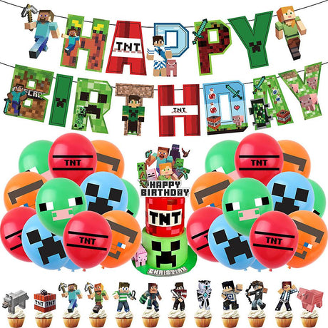 Minecraft Themed Birthday Party Balloons Banner Cake Decorations Set