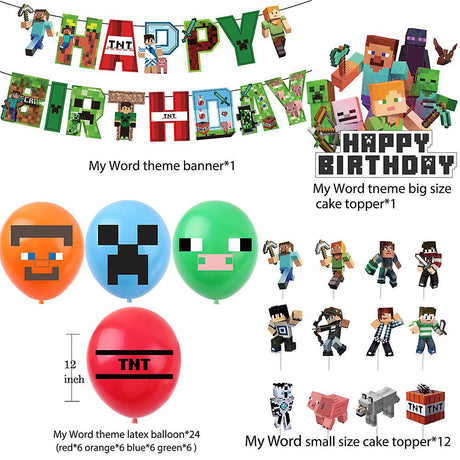 Minecraft Themed Birthday Party Balloons Banner Cake Decorations Set