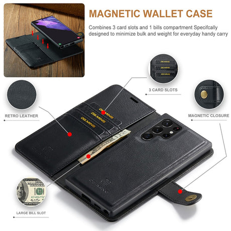 DG.MING Magnetic Wallet Case Compatible with Samsung Galaxy S22 Ultra Black 2-in-1