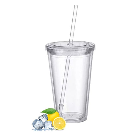 Reusable Plastic Cups Double Walled Transparent with Straw Compatible with Fruit Juice-max