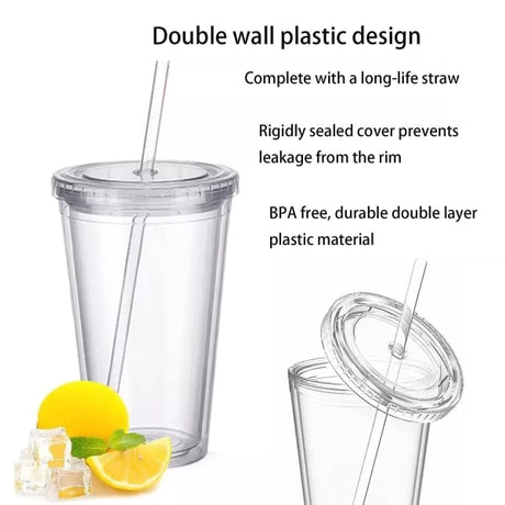 Reusable Plastic Cups Double Walled Transparent with Straw Compatible with Fruit Juice-max