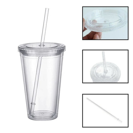 Reusable Plastic Cups Double Walled Transparent with Straw Compatible with Fruit Juice-max
