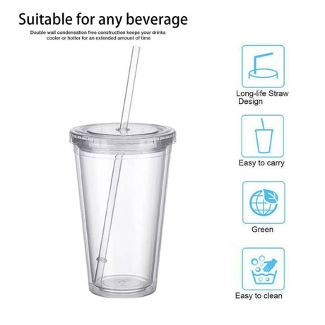 Reusable Plastic Cups Double Walled Transparent with Straw Compatible with Fruit Juice-max
