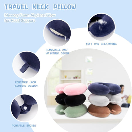 Memory Foam Travel Pillow for Airplane Train Car Office, Neck Head Support Pillow, Long Flight Essential, Navy Blue One Size