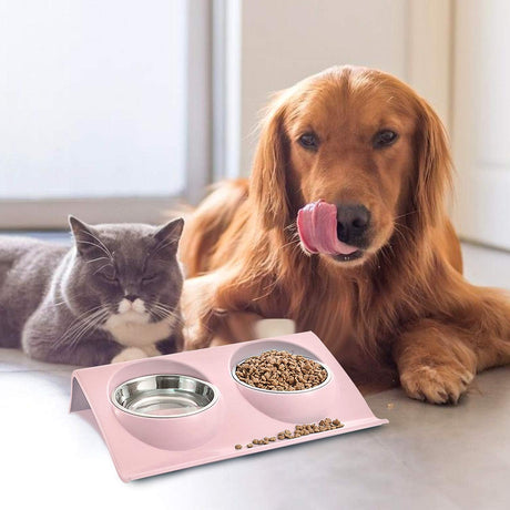 Stainless Steel Cat Bowl Set Non-Slip Double Cat Food Bowls