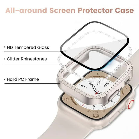 Diamond Glass Bling Bumper Case with Screen Protector Compatible with Apple Watch Series 9 8 7 6 SE 3 45mm 44mm 42mm 41mm 40mm 38mm Red
