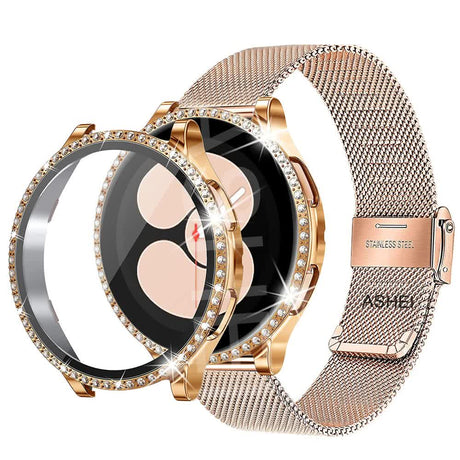 Mesh Loop Stainless Steel Strap Bling Case Gold Set Compatible with Samsung Galaxy Watch 4 5 6 40mm 44mm