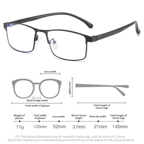 Blue Light Blocking Glasses for Men Women Ready-made Square Metal Frame Myopia Diopter 0 to -6.0 Anti Blue Light with 3 Pairs