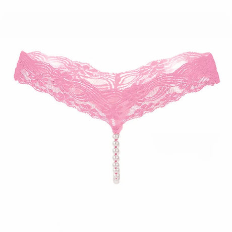 Sexy Lace Thong Panties Women G-String T-Back Transparent Lingerie with Bow and Beads One Size KL107 Pink