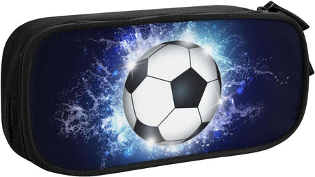Soccer Blue Sports Pencil Case with Zippers Spacious and Durable Soccer Motif