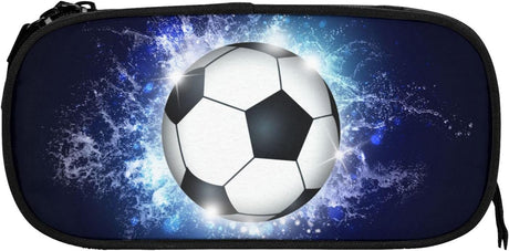 Soccer Blue Sports Pencil Case with Zippers Spacious and Durable Soccer Motif