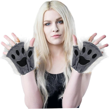 Therian Paws Black Gray Half Finger Realistic Fur Paw Gloves for Adults Kids Cosplay Compatible with Oral-B