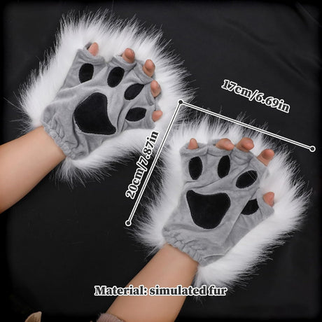 Therian Paws Black Gray Half Finger Realistic Fur Paw Gloves for Adults Kids Cosplay Compatible with Oral-B