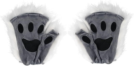 Therian Paws Black Gray Half Finger Realistic Fur Paw Gloves for Adults Kids Cosplay Compatible with Oral-B